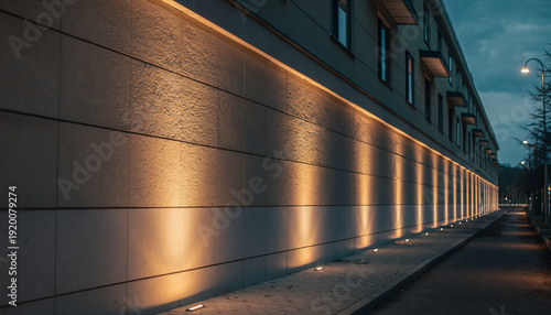 Evening view of a long building facade illuminated by warm wall wash lights. Modern architecture with glowing light accents along a quiet street sidewalk.