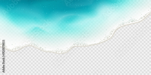 Template of realistic foamy sea waves. Turquoise ocean water waves isolated on checkered background. Gradient moving sea waves with transparency effect. 3d vector element for summer design, cover.