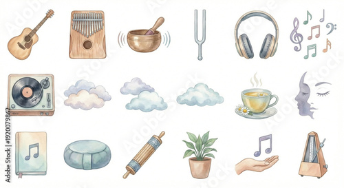 Watercolor clip art set, Music Therapy theme, collection,  acoustic guitar, kalimba, singing bowl, tuning fork, headphones, floating music notes, record player, soft clouds, cup of chamomile tea