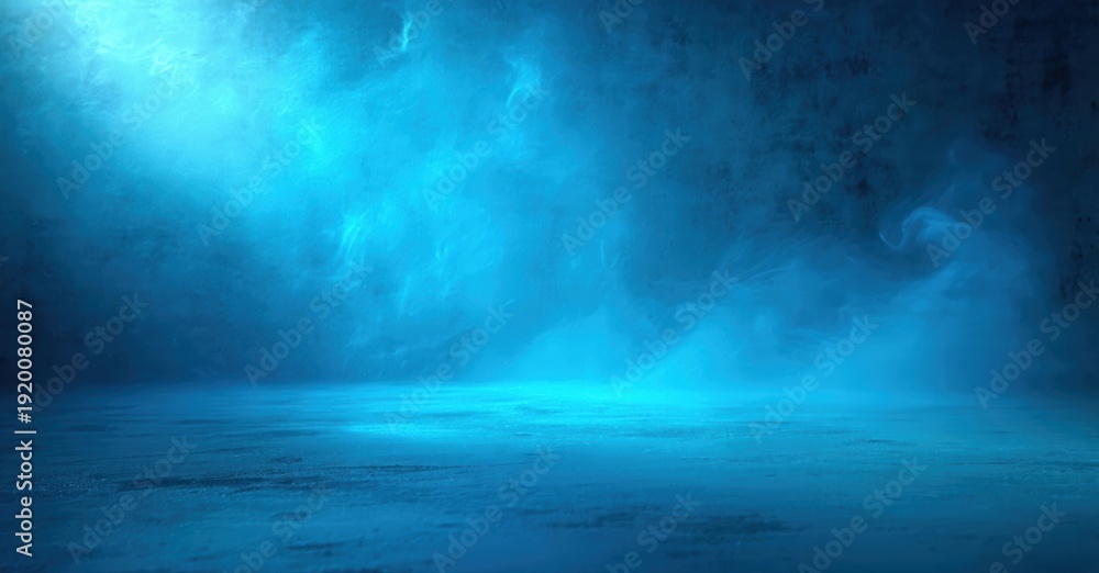 Fototapeta premium Dark studio backdrop. Blue light illuminates rough concrete floor, creating dramatic atmosphere. Fog adds mysterious effect.