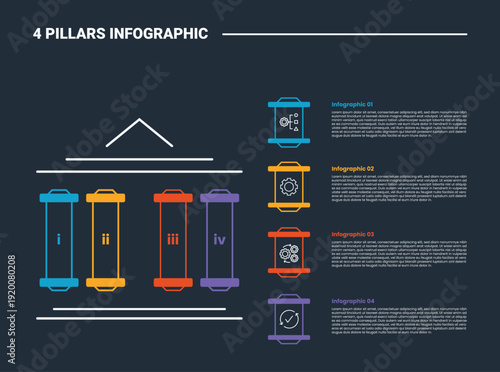 4 pillars infographic process diagram with tall creative modern structure with stacked vertical list with dark background bright outline style 4 points