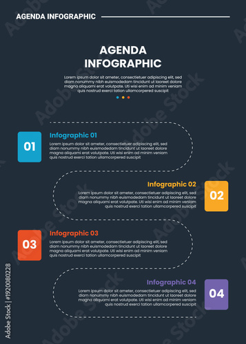Wallpaper Mural Agenda or schedule infographic process diagram with vertical timeline rundown with square box and dotted opposite direction with dark background bright outline style 4 points Torontodigital.ca