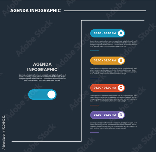 Agenda or schedule infographic process diagram with long line separator with stacked list rundown timeline with dark background bright outline style 4 points