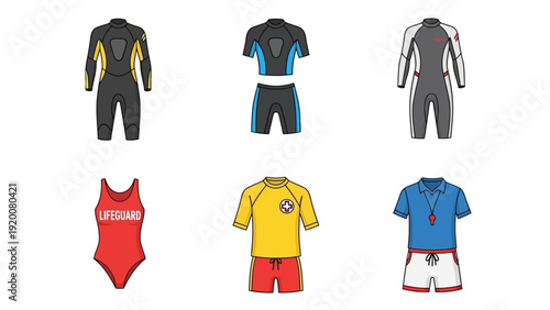 Various swimming costumes and wetsuits for competitive swimming displayed together