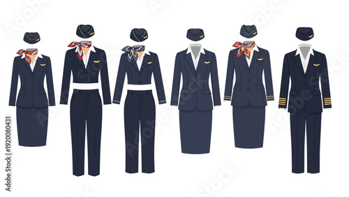 Flight attendants in uniform standing in a line, showcasing various airline outfits and accessories from a front viewpoint