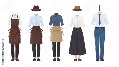 Illustration of diverse occupations featuring chefs, service staff, and professionals in uniform attire standing in a line