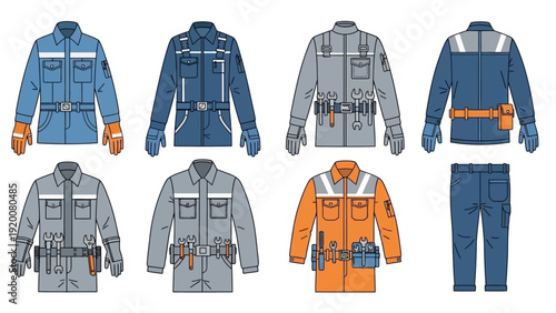Various industrial workwear jackets and overalls displayed in a grid layout showcasing different styles and utility features