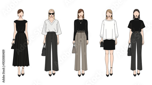 Fashionable women showcasing diverse styles and outfits in a modern setting from a front viewpoint