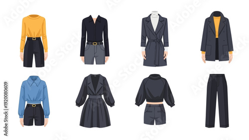 Assorted clothing items displayed in a grid layout showcasing various styles and designs