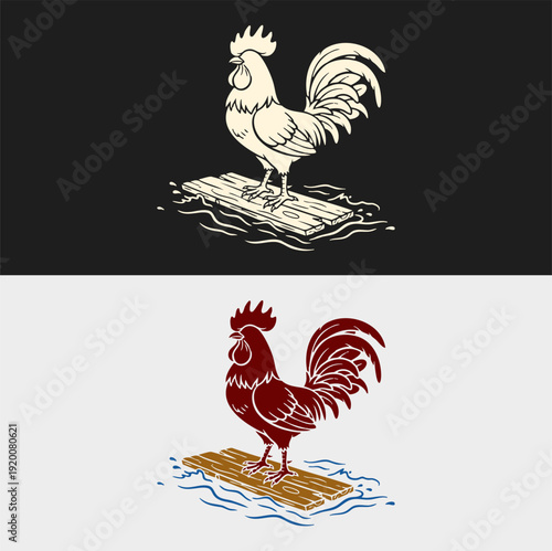 chicken icon standing wooden raft drifting on water