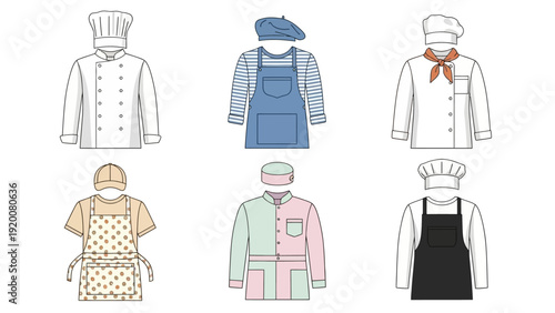Collection of various chef attire and aprons displayed in a grid layout