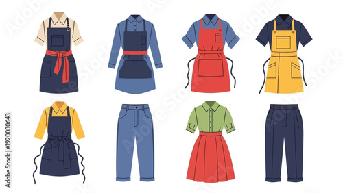Collection of Various Aprons and Overalls Displayed Together