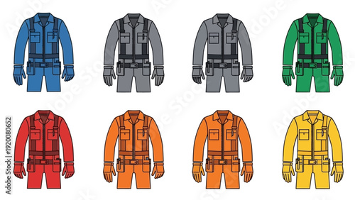 Collection of colorful safety jackets displayed in two rows on a plain surface from a front viewpoint