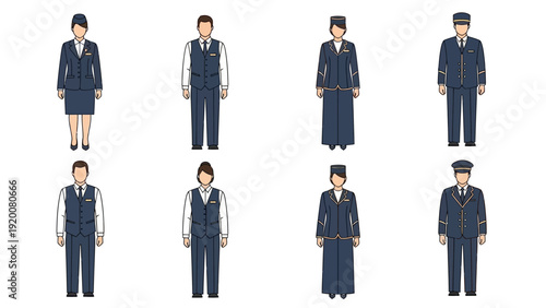 Diverse group of uniformed professionals standing in rows on a white background from a straightforward viewpoint