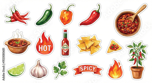 Watercolor clip art set, Spicy Chili theme, collection of 16 items