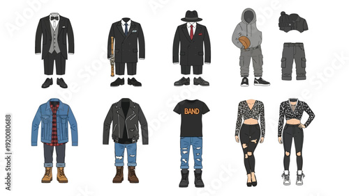 Diverse illustrations of various outfits and clothing items displayed against a clean background, showcasing different fashion styles.