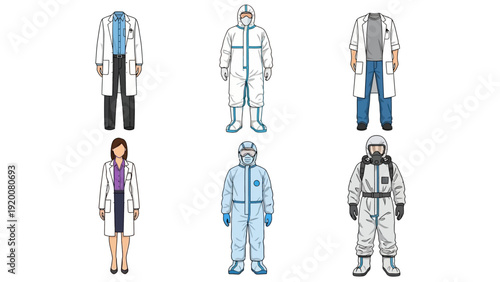 Various professionals wearing different types of protective suits and lab coats standing in a grid formation