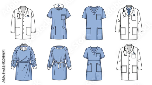 Collection of medical professional attire illustrations displayed in a grid layout