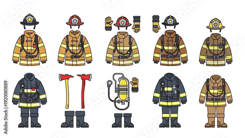 Firefighters in uniform with equipment illustrated against a plain background from a straightforward viewpoint