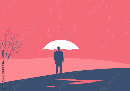 Businessman standing alone holding white umbrella on rainy day with barren trees and pink sky background minimal flat vector illustration