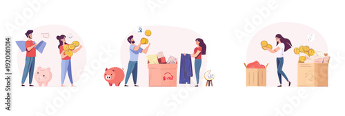 People donating money and goods for charity, putting gold coins in piggy bank and donation boxes, flat vector illustration of charity support and giving concept