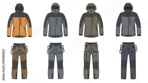 Collection of outdoor clothing and gear for climbing and hiking displayed from a front viewpoint