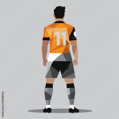 Vector illustration of male football player wearing orange number 11 jersey with gray and black polygonal design standing from back in minimalist flat style