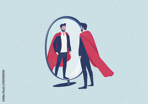 Businessman wearing red cape looking at superhero reflection in mirror confidence self belief motivation leadership success ambition concept flat vector illustration