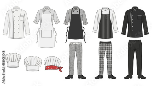 Assorted chef attire and accessories displayed in a clean and minimalist style