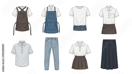 Collection of various clothing items and accessories displayed against a neutral background from a straightforward viewpoint