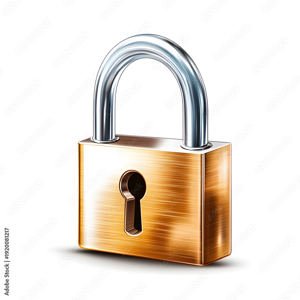 Naklejka premium Shiny brass metal padlock isolated on white background