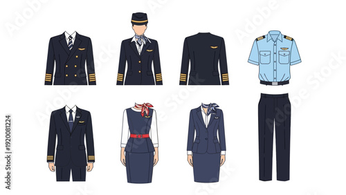 Collection of various airline uniform illustrations displayed on a white background from a frontal viewpoint