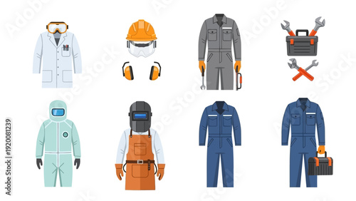Various protective clothing and safety equipment for industrial workers displayed