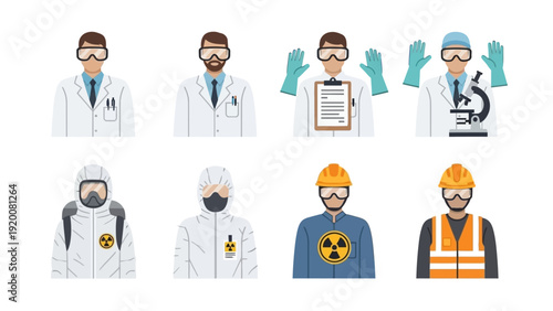 Scientists and workers in protective gear in a laboratory setting viewed from the front