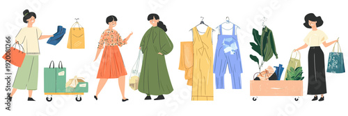 Women shopping for eco friendly sustainable clothing and textile products in reusable bags and carts with plants in flat minimalist style illustration