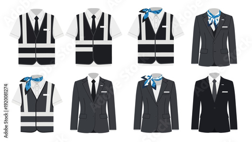 Collection of formal and safety attire for professionals displayed on mannequins from a straightforward viewpoint