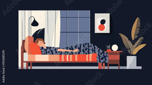 Woman sleeping peacefully in modern bedroom with blanket on bed near window at night cozy interior flat vector illustration