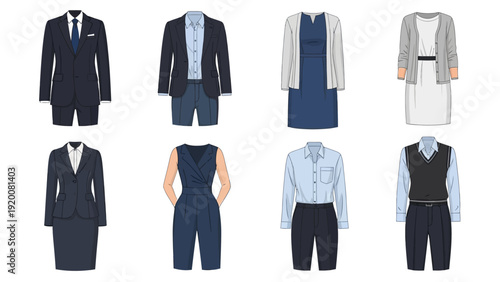 Assorted formal and casual menswear clothing items displayed on mannequins from a front view