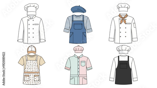 Assorted chef attire illustrations displayed on a clean white background from a frontal viewpoint