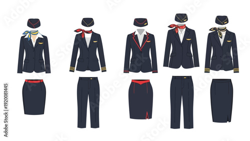 Illustration of various flight attendant uniforms displayed in a row showcasing different styles and accessories