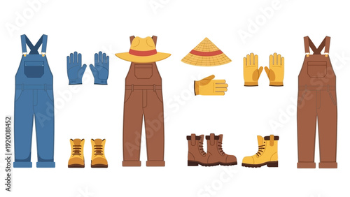 Assorted workwear and protective gear for various occupations displayed together