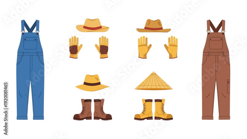 Assorted farm worker attire and accessories displayed against a neutral background from a straightforward viewpoint