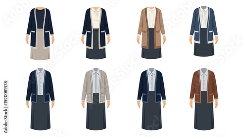 Collection of diverse cardigan styles showcased on mannequins from a front-view perspective