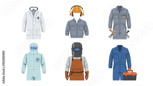 Various protective workwear and safety gear for industrial workers displayed on a clean white background