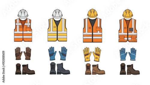 Collection of safety equipment and protective gear for workers, including helmets, vests, boots, and gloves, presented in a grid layout from a straightforward viewpoint