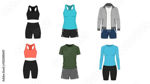 Assorted sportswear and athletic clothing items arranged neatly on a plain white background from a top-down viewpoint