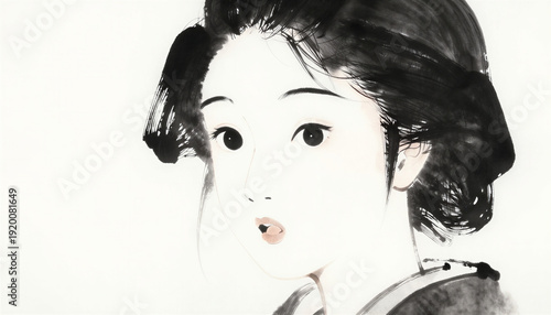 Young woman in traditional kimono with surprised expression on white background  