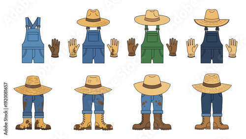 Farmer illustrations in various workwear and hats, showcasing different gardening tools and attire for agricultural activities