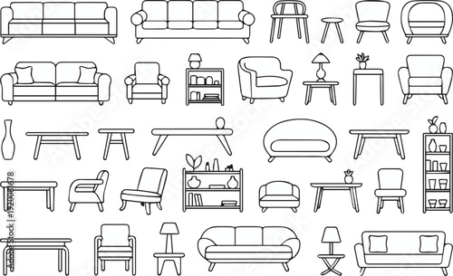Editable vector furniture outlines front side isometric views