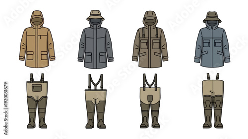 Assorted outdoor clothing and accessories for varying weather conditions, presented in a grid layout